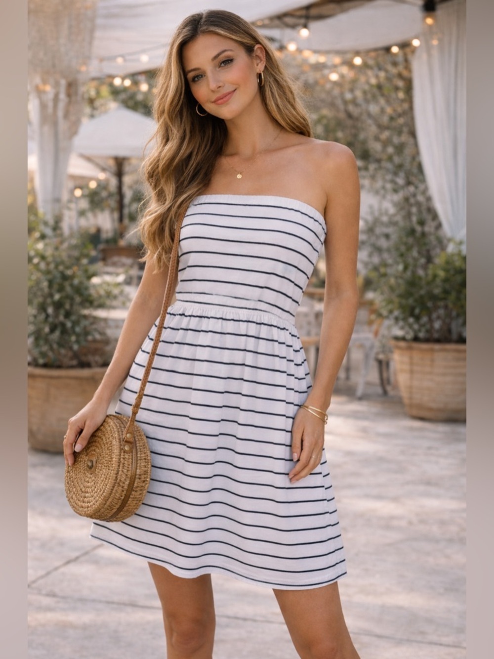 Volcom Strapless Mini Dress White Black Striped Beach Festival Summer Size M